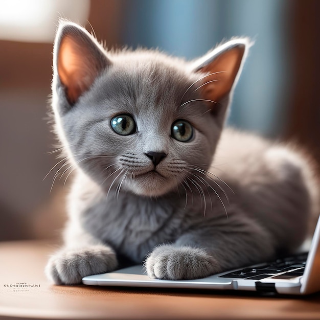 Photo le chaton gris est sur le clavier de l'ordinateur portable