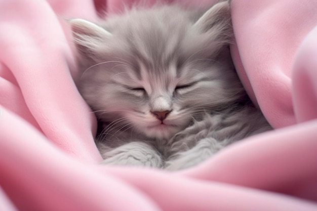 Un chaton gris mignon s'endort paisiblement sur une douce couverture rose