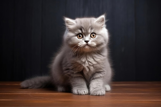 Le chaton gris moelleux de la race de chat British Shorthair est assis sur le sol