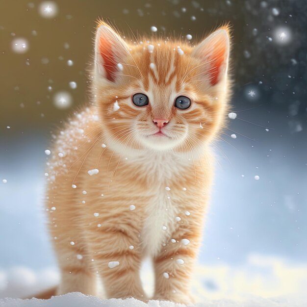 un chaton jaune est debout dans la neige