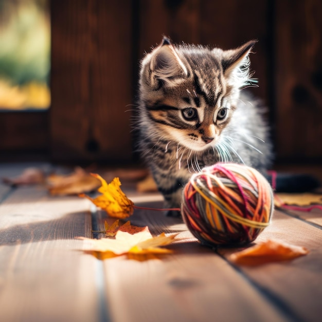 Un chaton jouant avec une pelote de laine Image AI générative