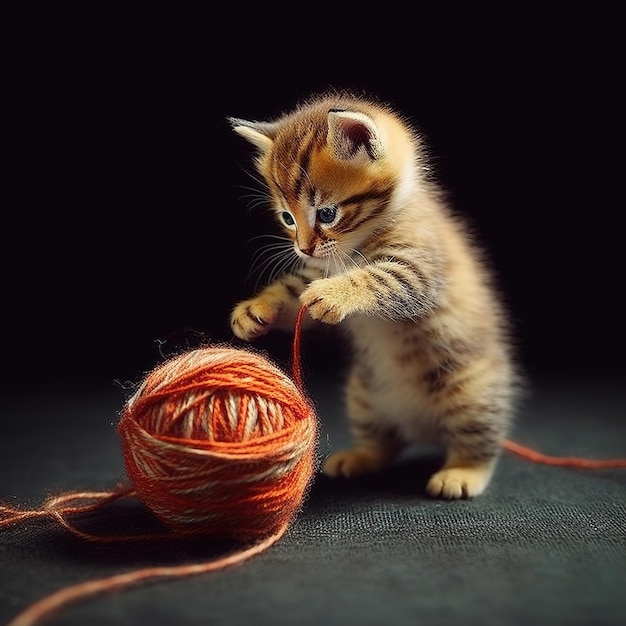 Un chaton joue avec une pelote de laine.