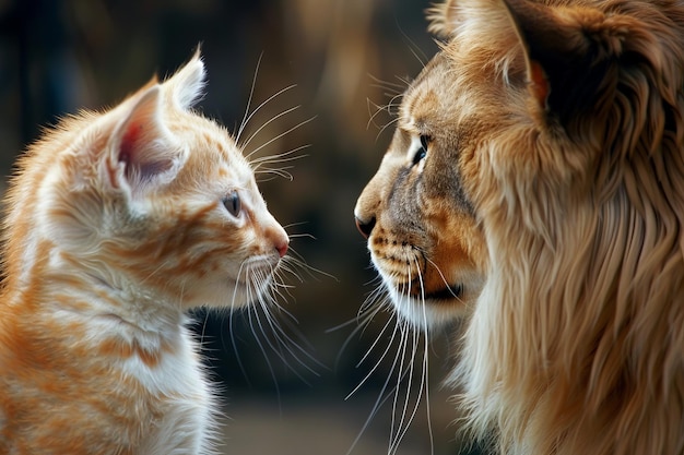 Photo le chaton et le lion face à face la sauvage rencontre la domestique