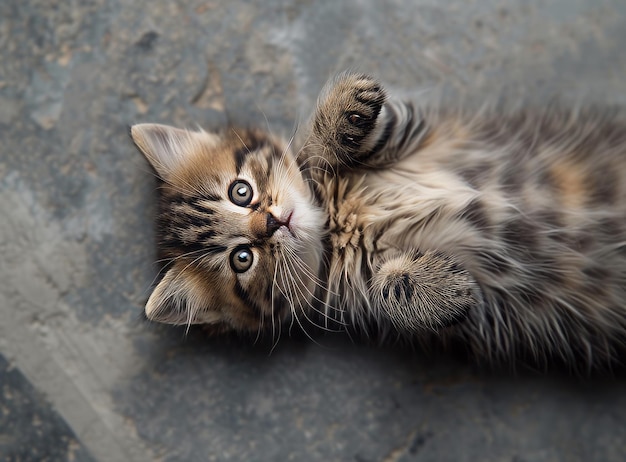 Un chaton ludique aux yeux bleus et à la fourrure moelleuse allongé sur le dos regardant curieusement la caméra