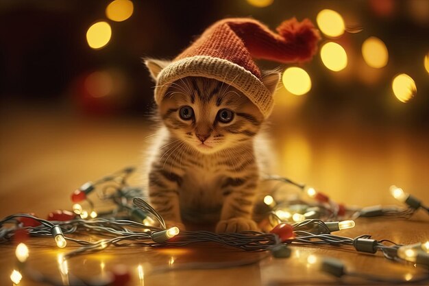 Photo un chaton avec des lumières de noël une carte de noël joyeuse