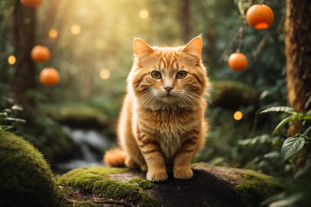 Un chaton Maine Coon assis sur un arbre dans un parc forestier un jour d'été ensoleillé