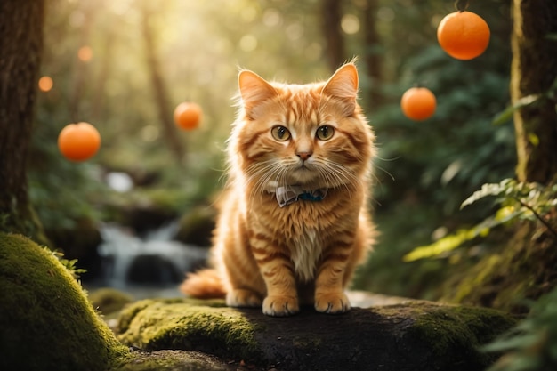 Un chaton Maine Coon assis sur un arbre dans un parc forestier un jour d'été ensoleillé