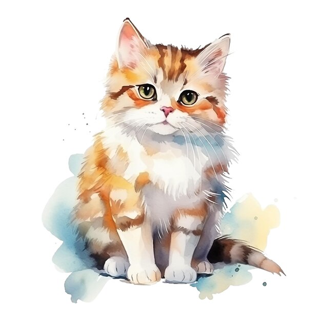 Chaton mignon aquarelle aux yeux verts isolé sur fond blanc