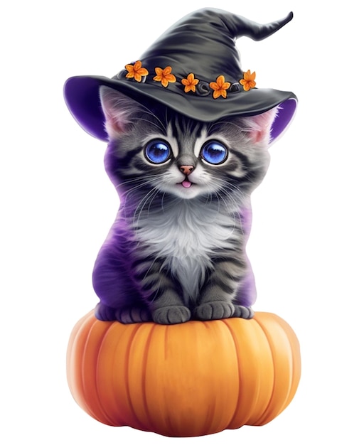 Chaton mignon assis sur une citrouille d'Halloween Generative AI