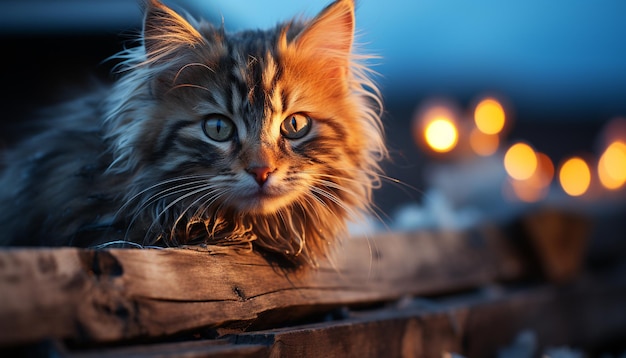 Photo un chaton mignon assis à l'extérieur à regarder la caméra à la fourrure moelleuse générée par l'intelligence artificielle