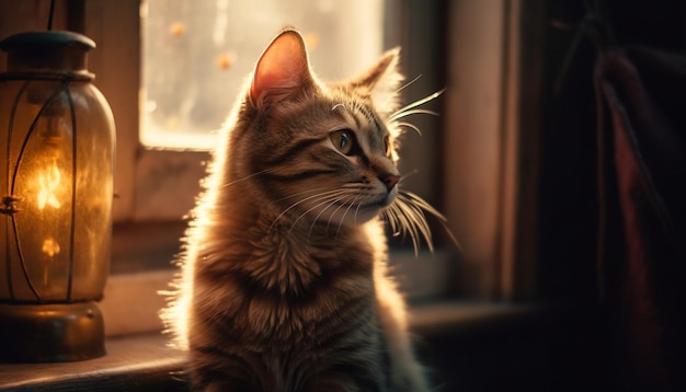 Chaton mignon assis sur le rebord de la fenêtre regardant fixement généré par l'IA