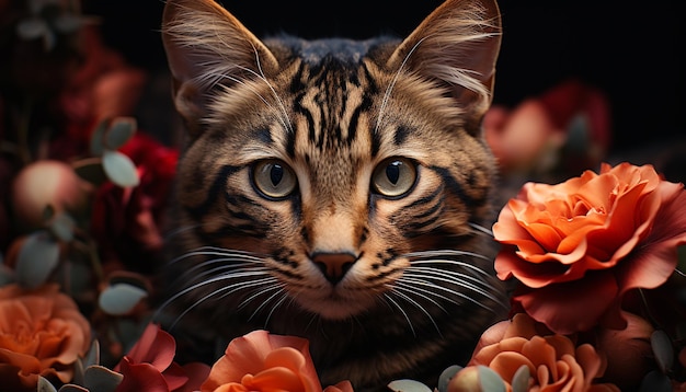 Chaton mignon assis regardant la caméra entouré de belles fleurs générées par l'intelligence artificielle