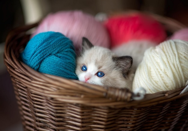 Chaton mignon aux yeux bleus dans un panier avec des fils multicolores