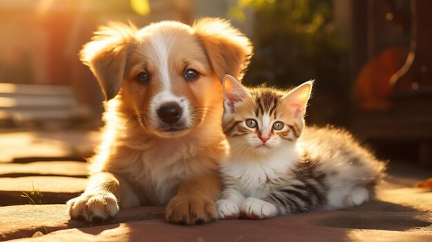 Un chaton mignon et un chiot assis l'un à côté de l'autre à la lumière du soleil Photo