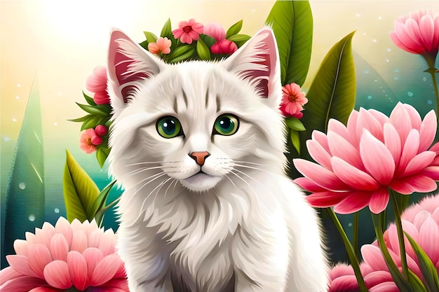 Chaton mignon avec une couronne de fleurs sur fond blanc Peinture numérique