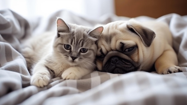 Le chaton mignon est allongé sur le lit et dort étendu.