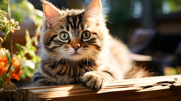 Chaton mignon avec fourrure rayée assis et regardant la caméra