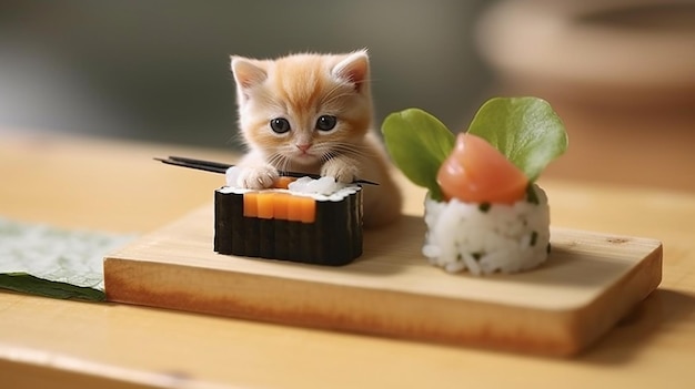 Chaton mignon de gingembre faisant des sushis