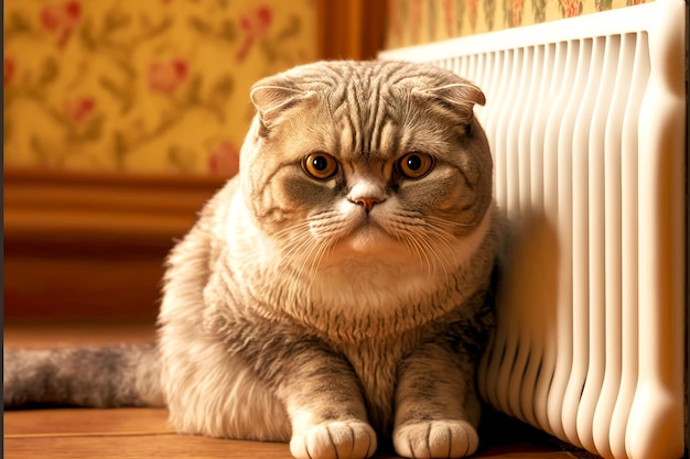 Chaton mignon gris blanc sur radiateur de chauffage pressé ses oreilles et se réchauffe