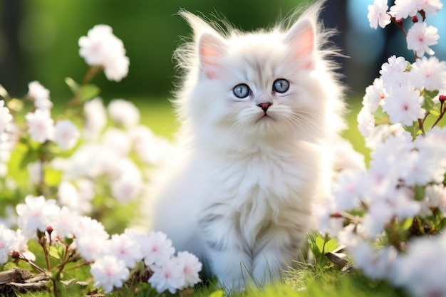 Un chaton mignon sur une pelouse verte avec des fleurs