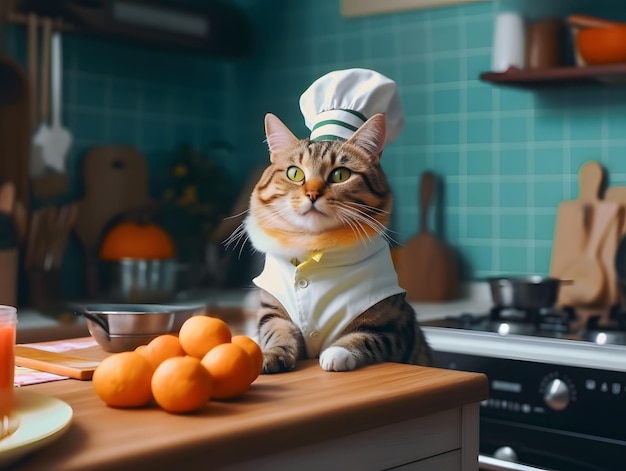 Un chaton mignon portant un chapeau de chef et un uniforme attend au comptoir de la cuisine Un arrière-plan de cuisine confortable créé avec la technologie d'IA générative