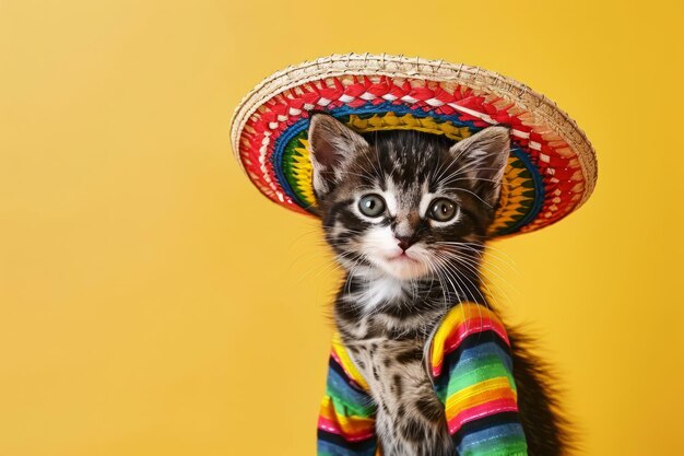 Photo un chaton mignon portant un sombrero mexicain célébration du cinco de mayo