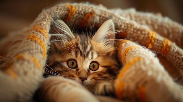 Photo un chaton mignon qui regarde à travers une couverture tricotée