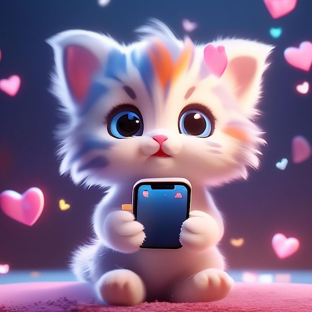 Un chaton mignon avec un smartphone dans la main sur un fond de cœurs