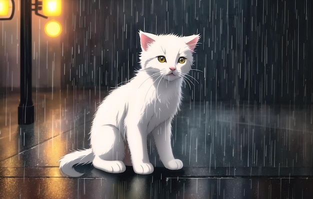 Chaton mignon sous la pluie dans le centre-ville AI générative