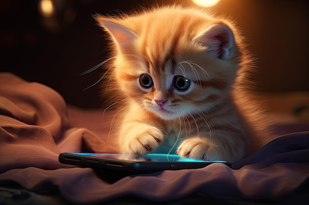 Photo un chaton mignon avec un téléphone portable