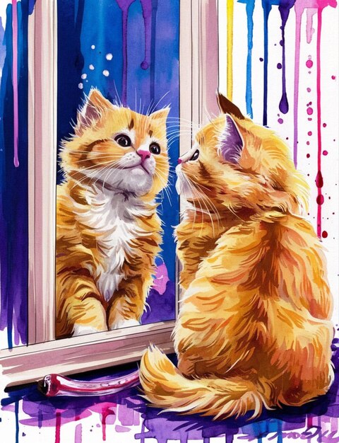 Chaton moelleux avec des cerises et une réflexion dans le miroir Concept de curiosité En gros plan Copier l'illustration de l'espace Peinture