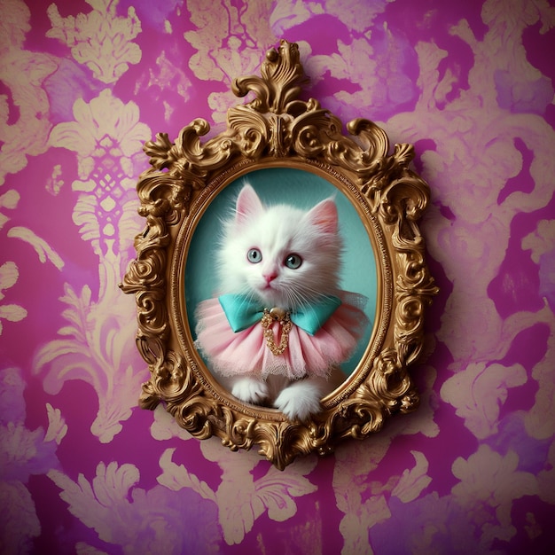 Photo le chaton moelleux marie-antoinette rococo dans un cadre orné sur papier peint de fuchsie damasc