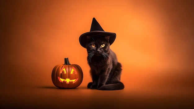 Chaton noir avec un chapeau de sorcière à côté d'une citrouille d'Halloween allumée Jack o lantern Halloween background Copie espace ai générative