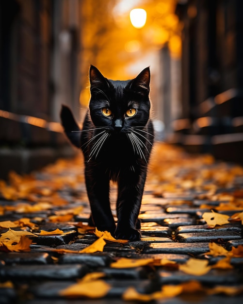 chaton noir chat chaton marchant route pavée feuilles jaunes regard démoniaque intense yeux whisky