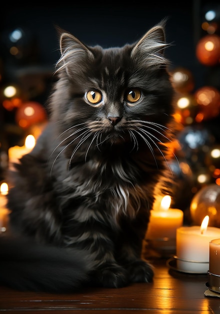 Chaton noir de lumières de Noël