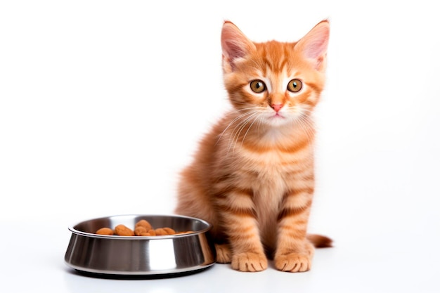 chaton avec de la nourriture sur fond blanc