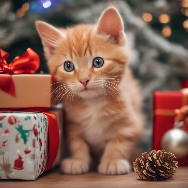 Chaton orange sur un cadeau de Noël