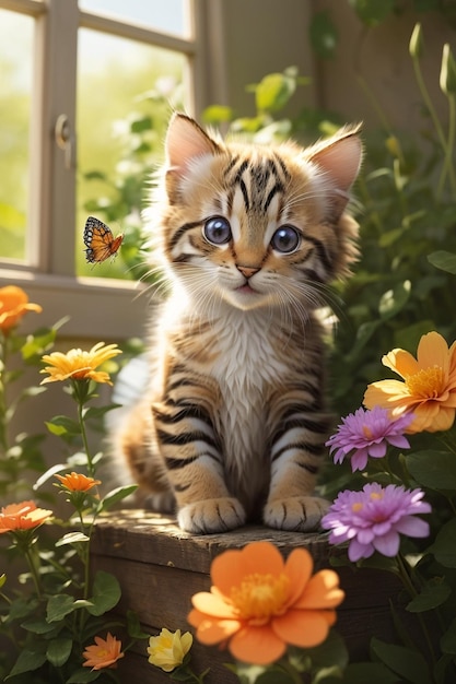 un chaton avec un papillon sur la tête est assis sur une boîte à fleurs.