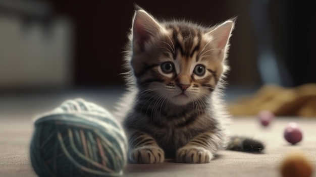 Un chaton avec une pelote de laine sur le sol