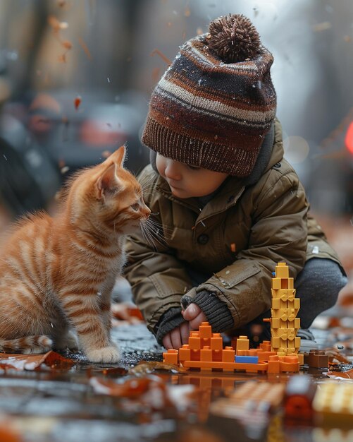 Photo un chaton et un petit garçon jouent au papier peint