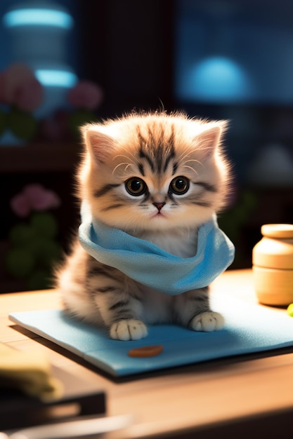 Un chaton portant un foulard est assis sur une table avec un bol de pilules.