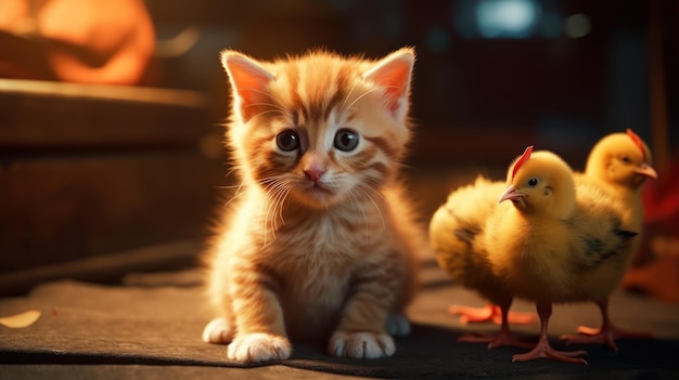 Un chaton et un poulet sur une table