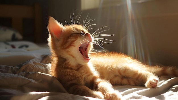 Un chaton qui bâille en se roulant dans un rayon de soleil.