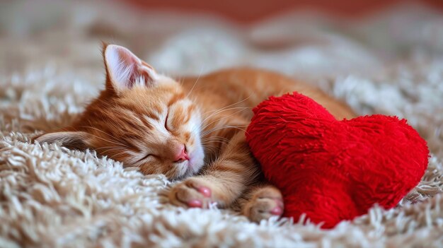 un chaton qui dort à côté d'un oreiller en forme de cœur rouge