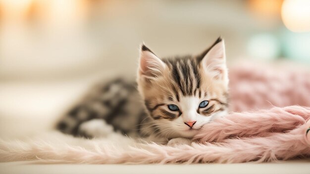 Un chaton qui dort avec un jouet.