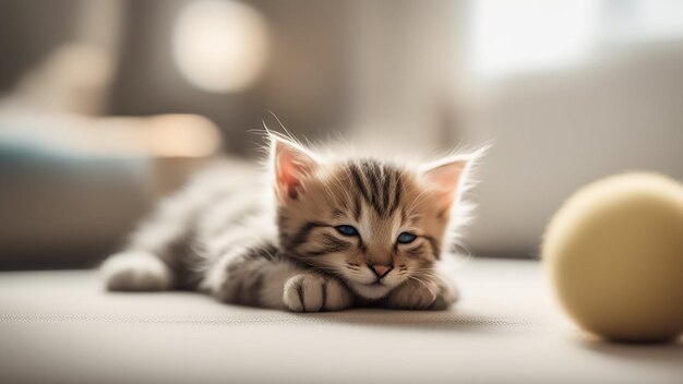 Un chaton qui dort avec un jouet.