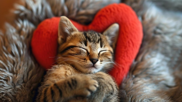 Un chaton qui dort sur l'oreiller en forme de cœur