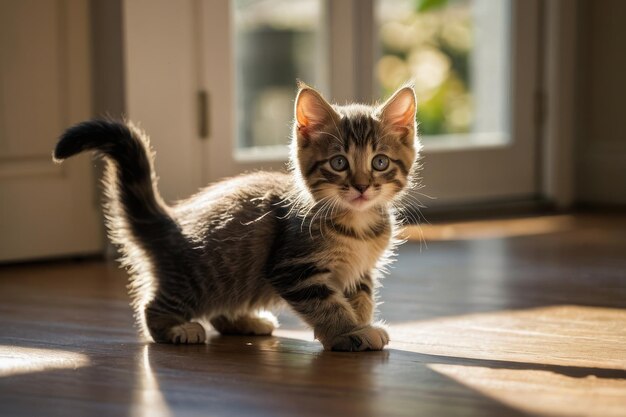 Un chaton qui joue dans une pièce ensoleillée.