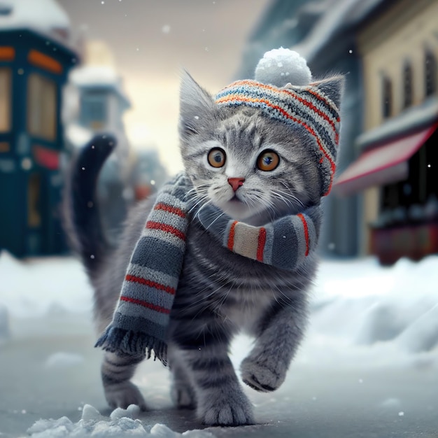 Chaton rayé gris dans un chapeau et une écharpe sur la rue d'hiver Generative AI