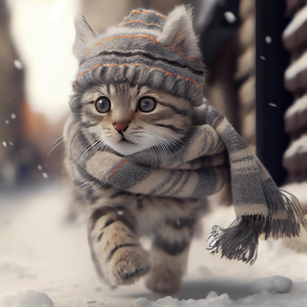 Chaton rayé gris dans un chapeau et une écharpe sur la rue d'hiver, Generative AI